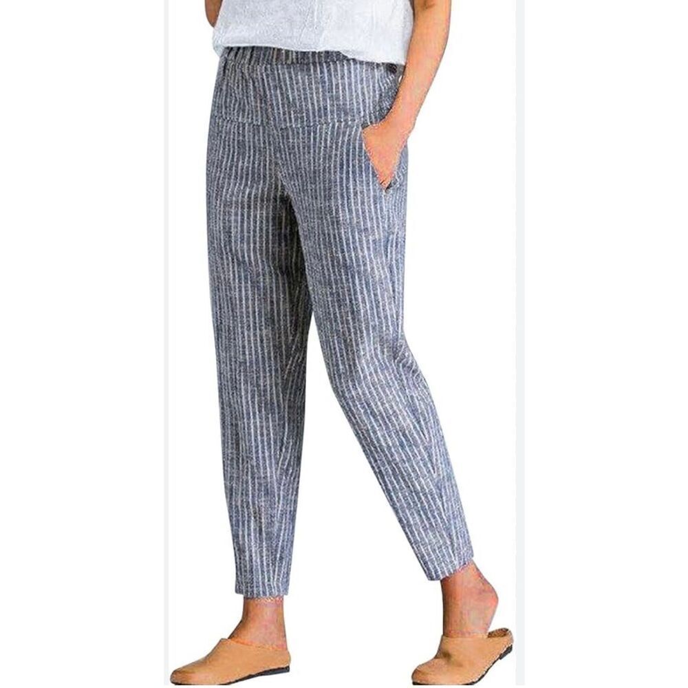 Adrienne Vittadini Women's Large Blue White 100% Linen Casual Ankle Pants